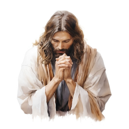 Jesus Christ praying isolated on white background with copy space for your textの素材