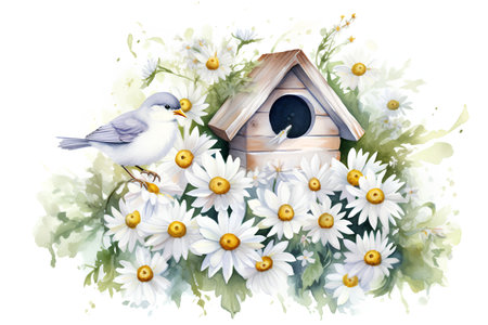 Beautiful vector image with nice watercolor birdhouse and chamomilesの素材