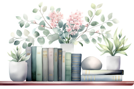 Watercolor illustration of a bookshelf with books and flowers.の素材