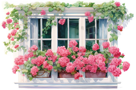 Beautiful window with pink roses. Watercolor painting on white backgroundの素材