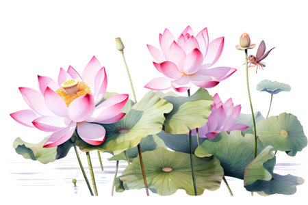 Water lily and dragonfly on white background. Vector illustration.の素材