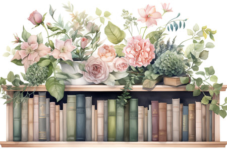 Old bookshelves with plants and flowers isolated on white background.の素材