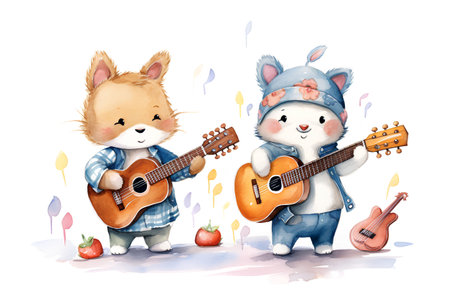 Cute cartoon fox and dog with guitar. Watercolor illustration.の素材