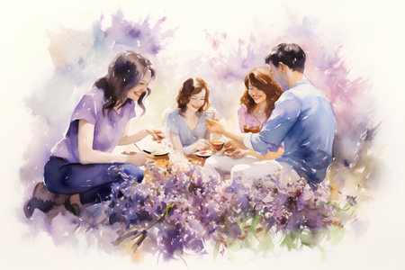 Group of young people drinking tea in the park. Watercolor paintingの素材
