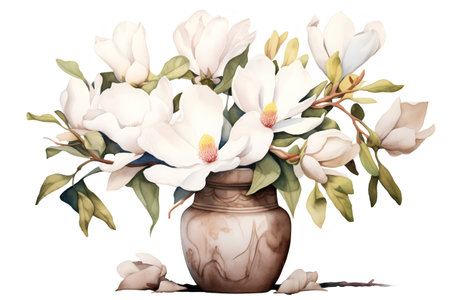Bouquet of white magnolia flowers in vase. Watercolor illustrationの素材