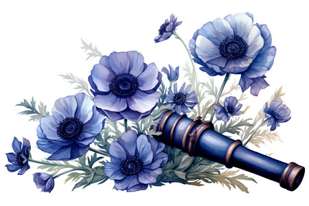 Watercolor vector illustration of anemone flowers with a cannon.の素材