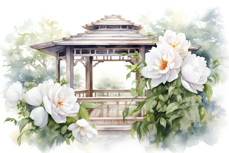 Watercolor gazebo with white peony flowers. Illustrationの素材