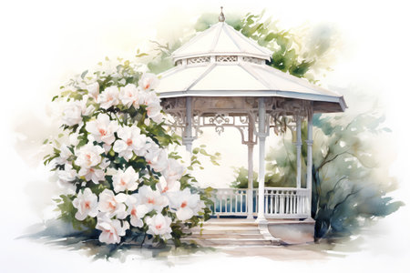 Watercolor illustration of a gazebo with white flowers in the park.の素材