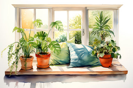 Illustration of a cozy room with a window, plants and a pillowの素材