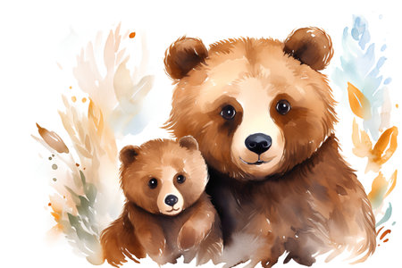 Watercolor illustration of a bear and a bear cub on a white backgroundの素材