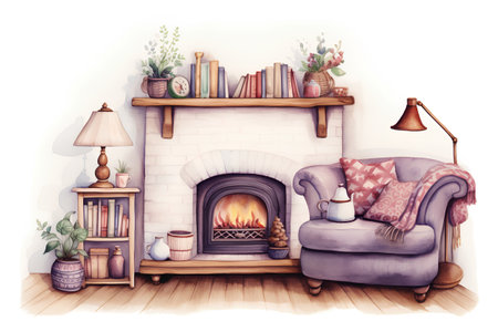 Cozy living room with fireplace, armchair and bookshelf.の素材