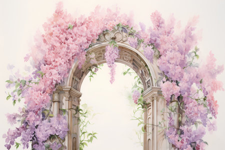 Beautiful vintage arch with blooming lilac flowers. Watercolor illustrationの素材