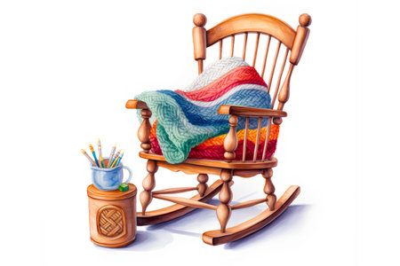 Wooden rocking chair with a knitted rainbow flag. Watercolor illustration.の素材