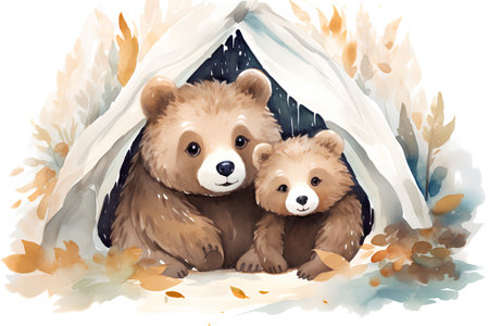 Two bears in a tent. Watercolor illustration on a white background.の素材