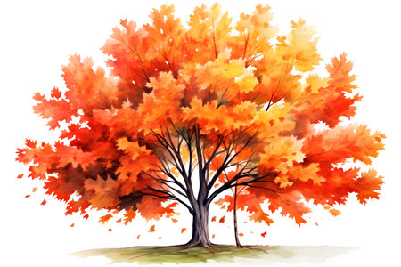 Autumn tree isolated on white background. Watercolor hand drawn illustrationの素材