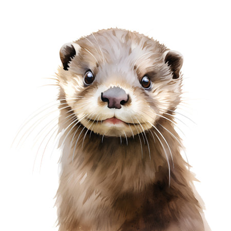 Watercolor portrait of a wet otter. Isolated on white backgroundの素材