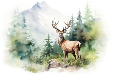 Watercolor painting of a deer on a background of mountains and forestの素材