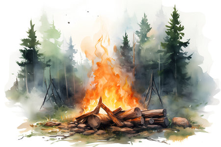 Watercolor illustration of a bonfire in the forest. Watercolor illustrationの素材