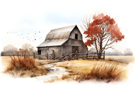 Watercolor illustration of an old wooden barn in the autumn landscape.の素材