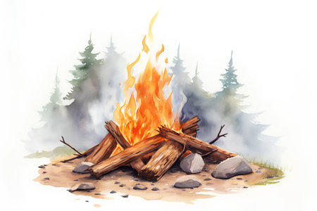 Bonfire in the forest. Watercolor illustration isolated on white backgroundの素材