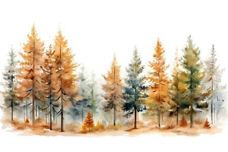 Watercolor autumn forest on a white background. Hand-drawn illustrationの素材