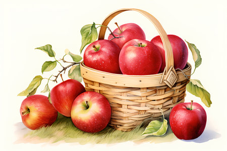 Basket with ripe red apples on a white background. Watercolor illustrationの素材