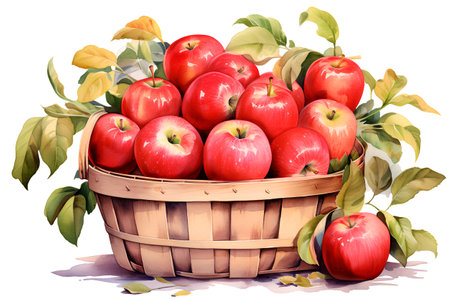 Basket with red apples. Watercolor illustration isolated on white backgroundの素材