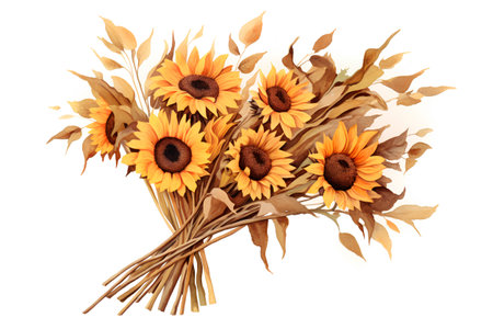 Autumn bouquet with sunflowers and leaves isolated on white background.の素材