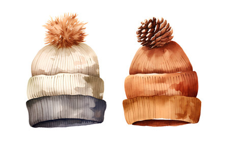 Winter hats isolated on white background. Watercolor hand drawn illustration.の素材