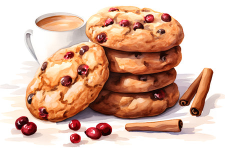 Cookies with cranberries and coffee. Watercolor hand drawn illustrationの素材