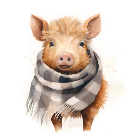 Pig in a scarf. Watercolor illustration. Isolated on white background.の素材
