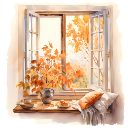 Watercolor painting of a window with a view of the autumn landscape.の素材