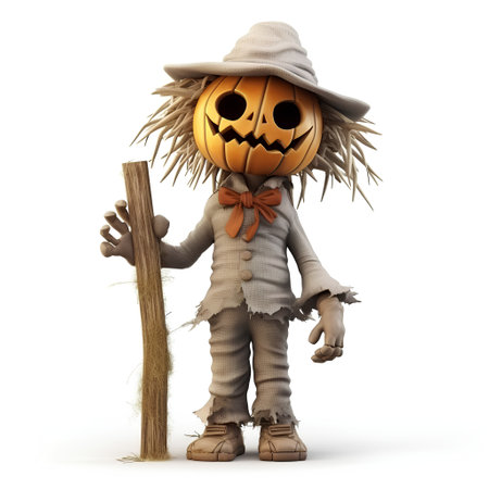 Halloween scarecrow with broom and pumpkin on white background. 3D illustrationの素材