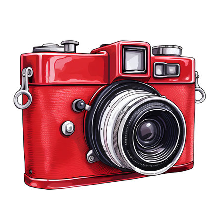 Retro camera vector illustration. Hand drawn sketch of vintage camera.の素材