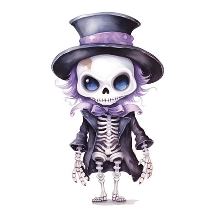 watercolor illustration of a skeleton in a top hat. Halloween.の素材
