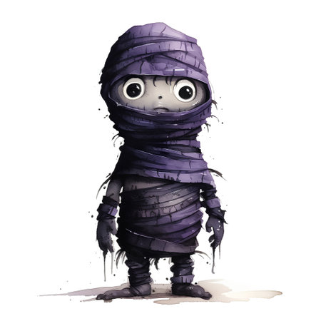 watercolor illustration of a mummy in a purple robe with a hoodの素材