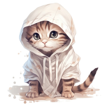 Cute kitten in raincoat. Vector illustration on white background.の素材
