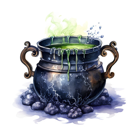 Cauldron with green potion. Hand drawn watercolor illustration isolated on white backgroundの素材