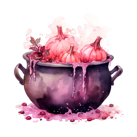 Watercolor illustration of a pot of boiling water with pumpkins.の素材