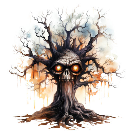 Hand drawn watercolor illustration of scary tree with skull. Halloween background.の素材