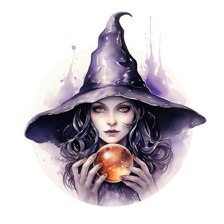 Halloween witch holding an apple. Watercolor illustration isolated on white background.の素材