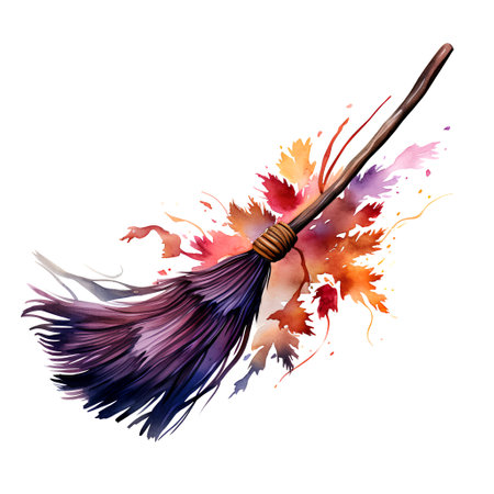 Watercolor autumn witch broom. Hand painted illustration isolated on white backgroundの素材