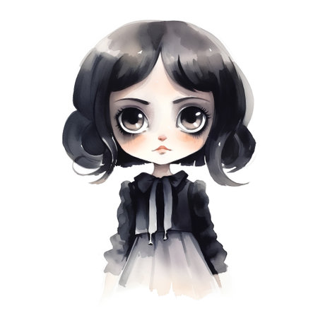 Watercolor illustration of a cute little girl with black hair in a black dress.の素材