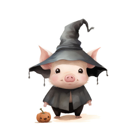 Watercolor Halloween illustration. Cute cartoon pig in witch costume isolated on white background.の素材