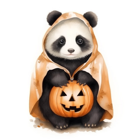 panda with pumpkin and jack-o-lantern halloween illustrationの素材