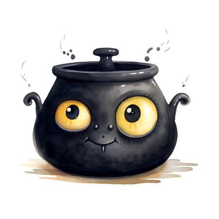 cartoon black cat with pot isolated on white background, illustration for childrenの素材