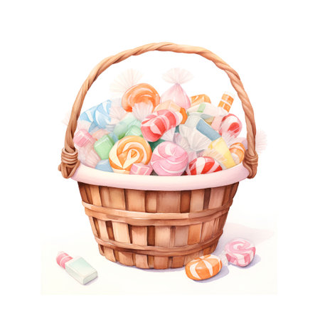 Basket with candies. Watercolor illustration isolated on white backgroundの素材