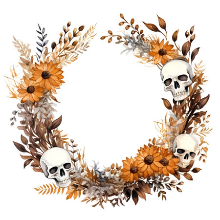 Watercolor floral wreath with skull, flowers and leaves. Halloween illustration.の素材