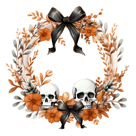 Watercolor halloween wreath with skull, bow and flowers.の素材