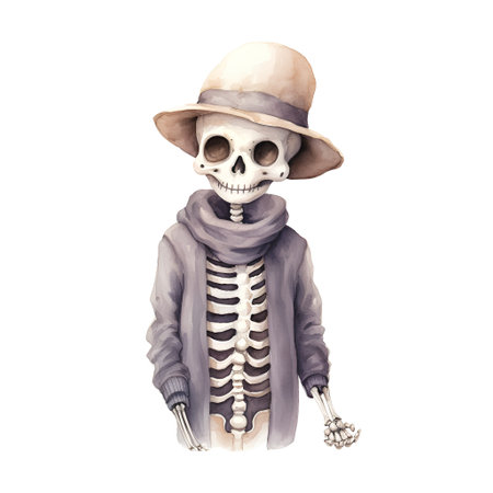 Watercolor skeleton in hat and coat isolated on white background. Halloween illustration.の素材
